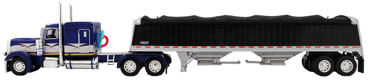 DCP - Blue, Silver and Gold Peterbilt 389 63" flattop sleeper with black sided/black tarp Wilson Commander grain trailer