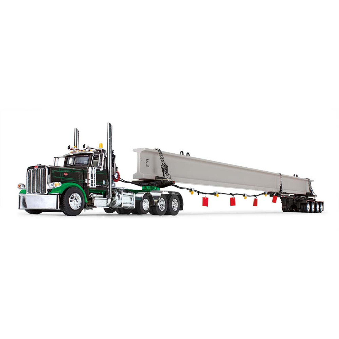 60-1673  1/64  Black/Green  Peterbilt® Model 389 Day Cab & ERMC 4-Axle Hydra-Steer Trailer with Bridge Beam Section Load