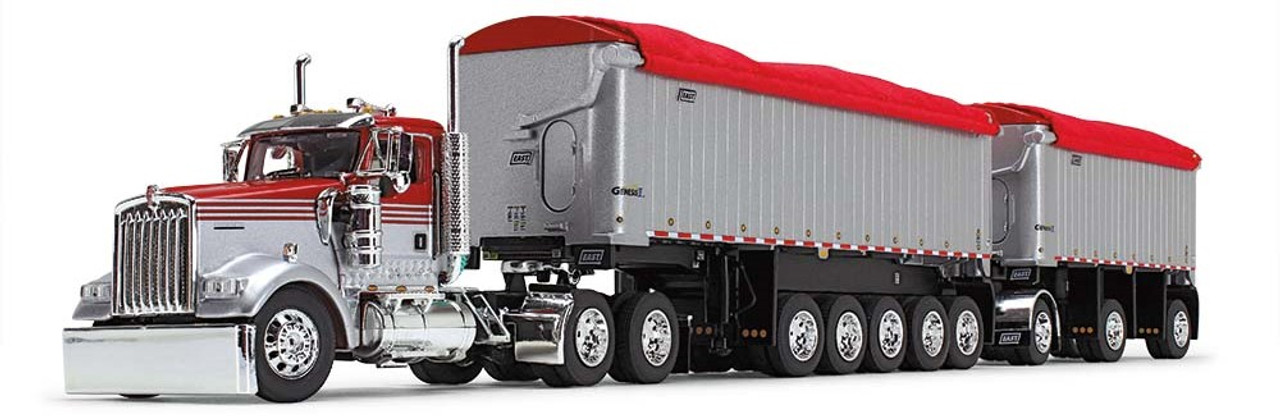 60-1632 - DCP - Viper Red & Silver 1/64 scale Kenworth W900L Day Cab & East Manufacturing Michigan Series 31' and 20' End Dump Trailers