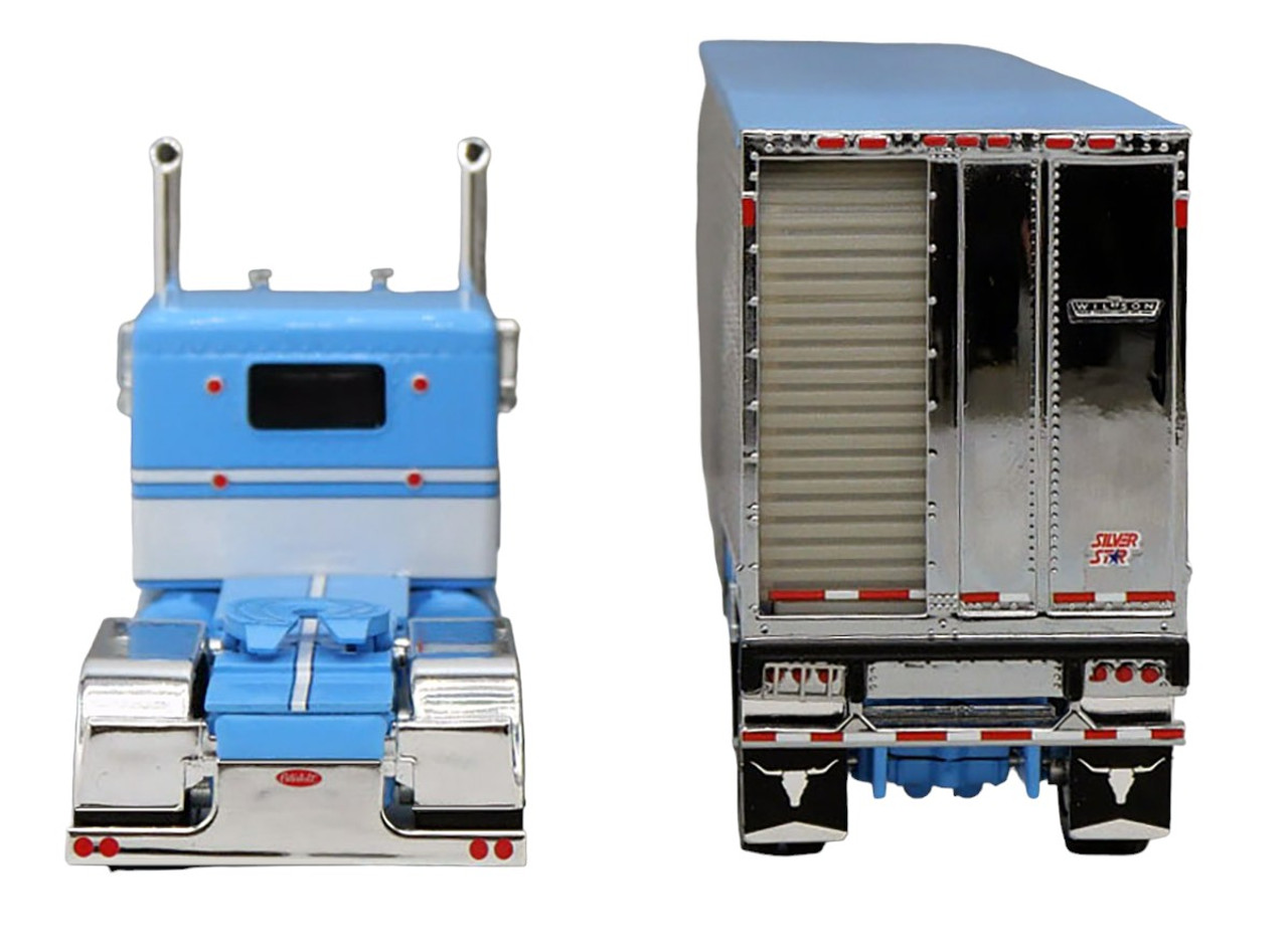 DCP 60-1774 - Baby blue/white Peterbilt 379 63" flat-top sleeper with matching spread axle livestock trailer