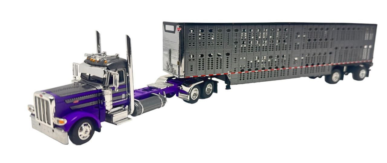 60-1677DC - DCP Purple & Gray Peterbilt 389 Day-Cab with Matching Spread-Axle Livestock Trailer