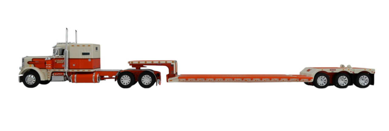 60-2138 - Peterbilt 389 w/63" flat-top sleeper pulling a Fontaine Renegade LXT40 lowboy with flip-axle trailer which is hauling a Peterbilt 359 w/vintage 60" flat-top sleeper.