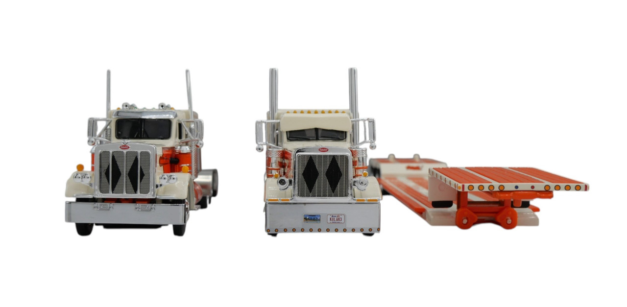 60-2138 - Peterbilt 389 w/63" flat-top sleeper pulling a Fontaine Renegade LXT40 lowboy with flip-axle trailer which is hauling a Peterbilt 359 w/vintage 60" flat-top sleeper.