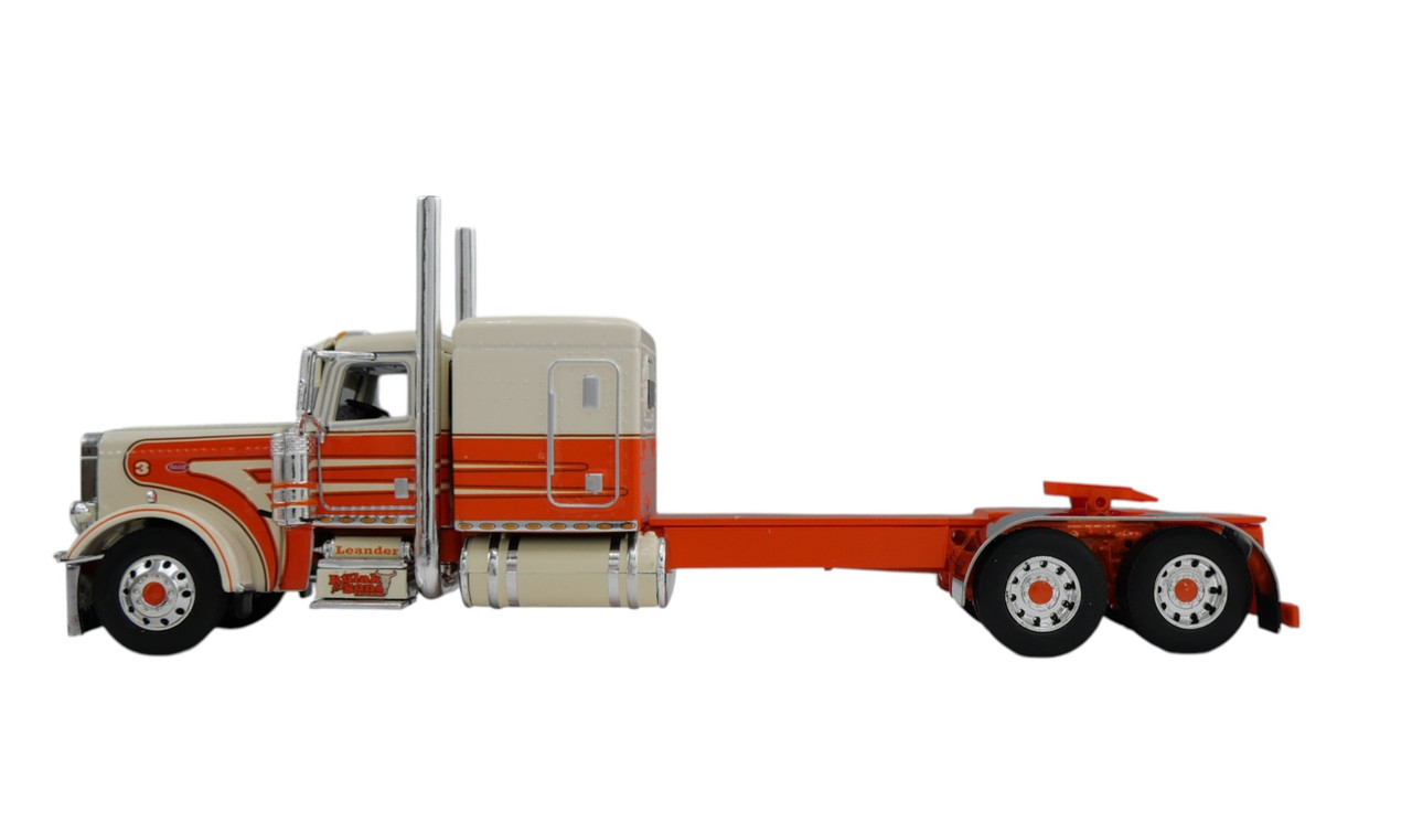 60-2138 - Peterbilt 389 w/63" flat-top sleeper pulling a Fontaine Renegade LXT40 lowboy with flip-axle trailer which is hauling a Peterbilt 359 w/vintage 60" flat-top sleeper.