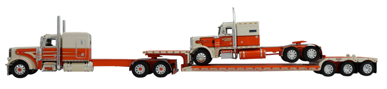 60-2138 - Peterbilt 389 w/63" flat-top sleeper pulling a Fontaine Renegade LXT40 lowboy with flip-axle trailer which is hauling a Peterbilt 359 w/vintage 60" flat-top sleeper.