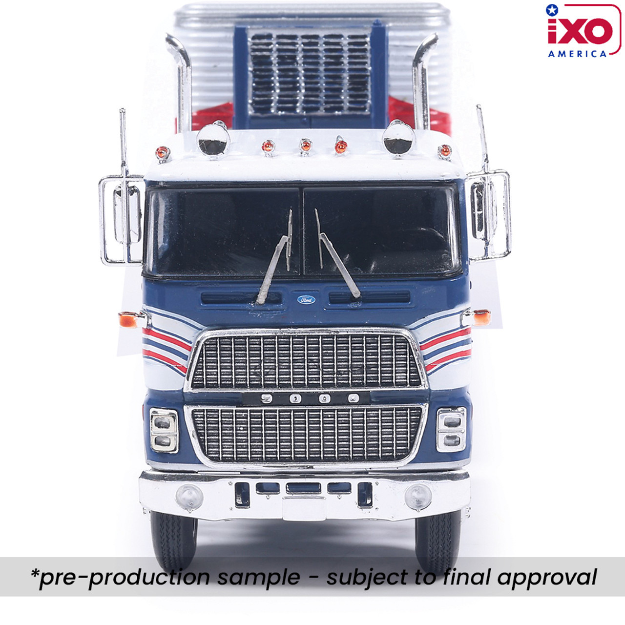 Pre-Order, deposit only - iXO 1:64 Scale 1976 Ford CL 9000 Red, White, and Blue with Vintage Trailer