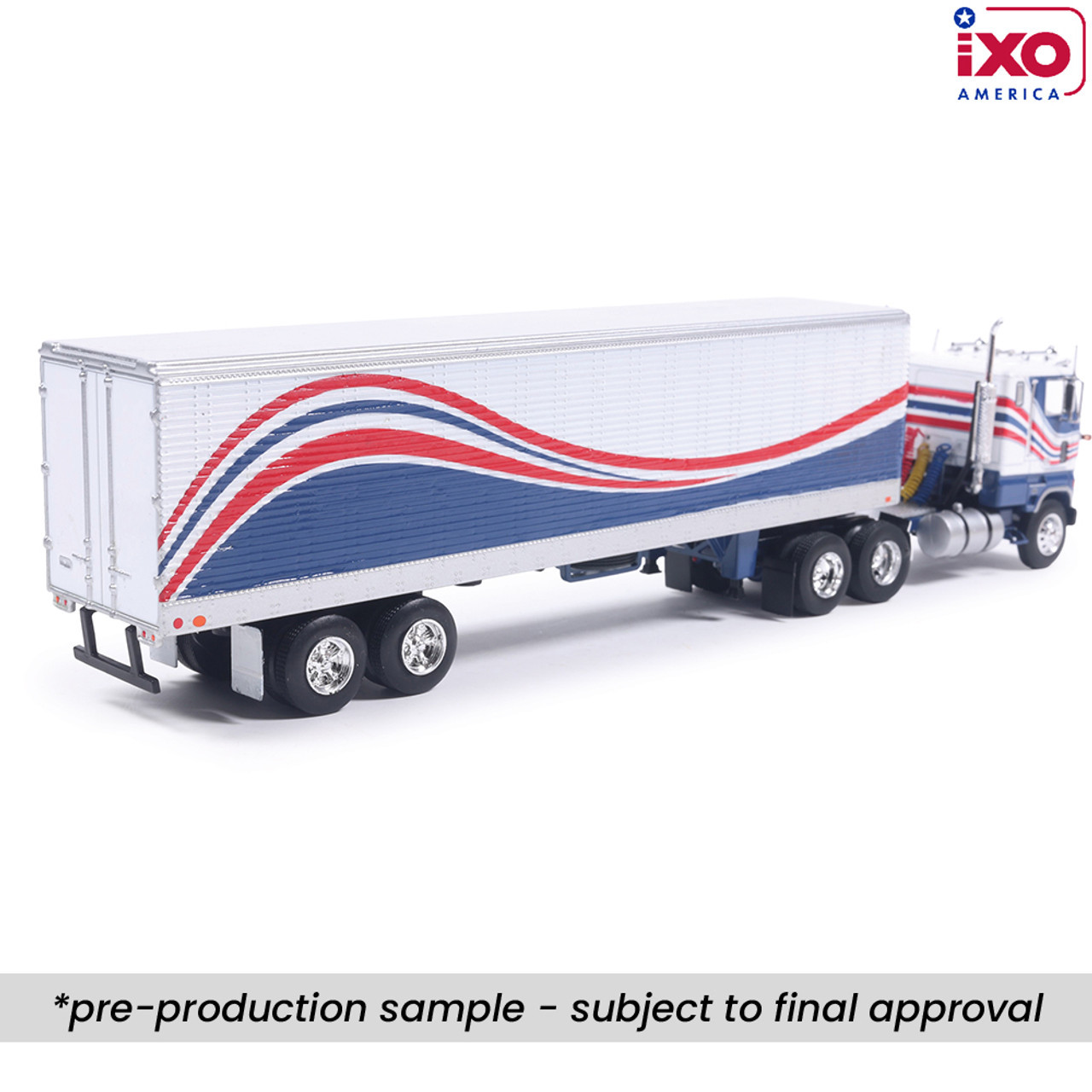 Pre-Order, deposit only - iXO 1:64 Scale 1976 Ford CL 9000 Red, White, and Blue with Vintage Trailer