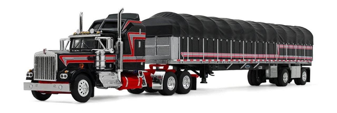 60-2056: Black/Red Kenworth W900A with 60” Aerodyne Sleeper & 53’ Wilson Roadbrute Flatbed Trailer with Covered Wagon