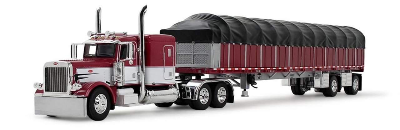 60-2058: Maroon/White Peterbilt Model 389 with 63” Flat Top Sleeper & 53’ Wilson Roadbrute Flatbed Trailer with Covered Wagon