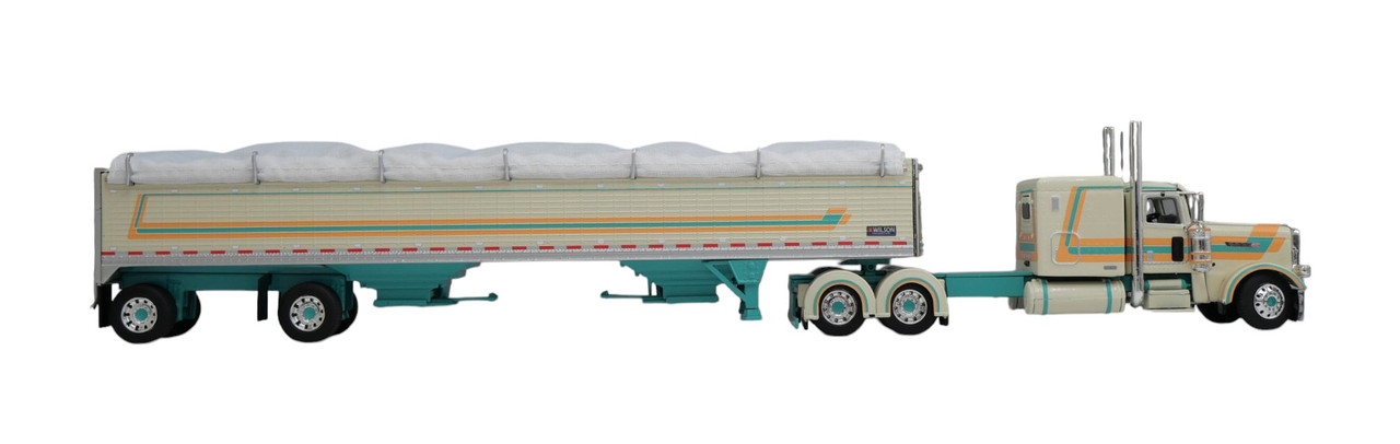 60-2154 DCP - Cream, Teal & Peach - 1/64 scale Peterbilt 389  Pride & Class w/63" Flat Top Sleeper & Wilson 50' Spread Axle Pacesetter Grain Trailer