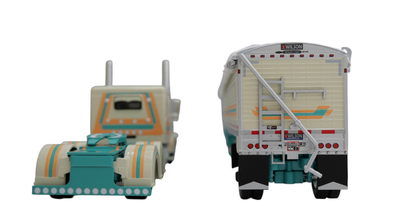 60-2154 DCP - Cream, Teal & Peach - 1/64 scale Peterbilt 389  Pride & Class w/63" Flat Top Sleeper & Wilson 50' Spread Axle Pacesetter Grain Trailer
