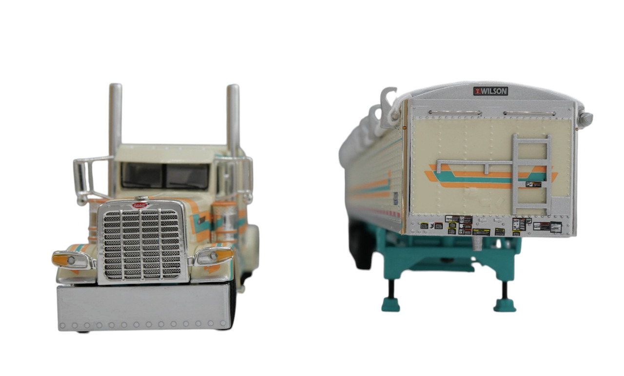 60-2154 DCP - Cream, Teal & Peach - 1/64 scale Peterbilt 389  Pride & Class w/63" Flat Top Sleeper & Wilson 50' Spread Axle Pacesetter Grain Trailer