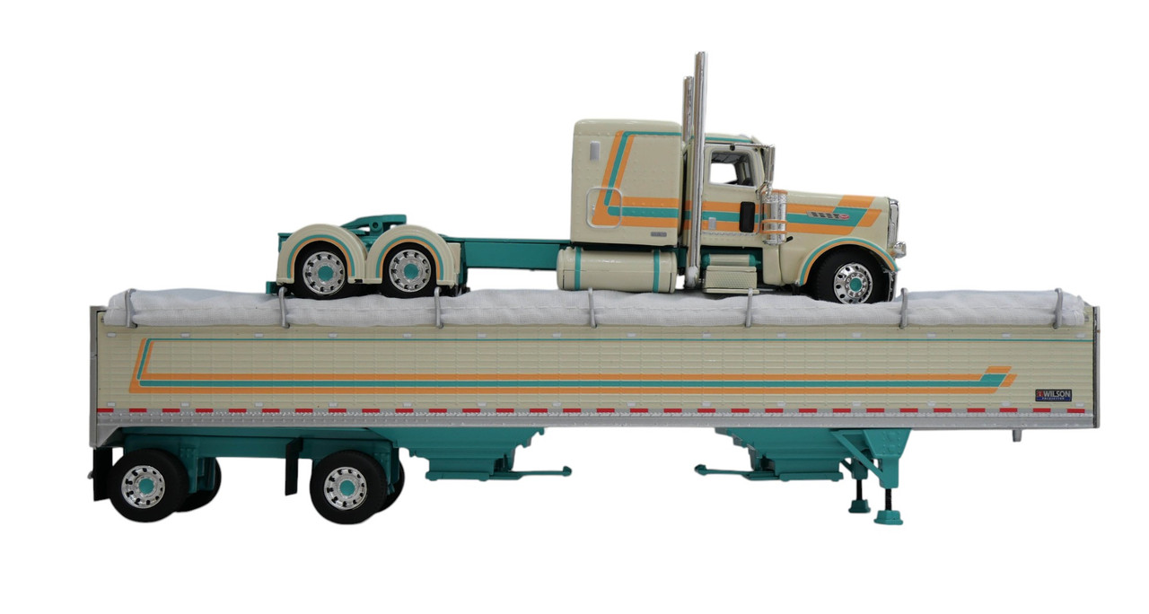 60-2154 DCP - Cream, Teal & Peach - 1/64 scale Peterbilt 389  Pride & Class w/63" Flat Top Sleeper & Wilson 50' Spread Axle Pacesetter Grain Trailer