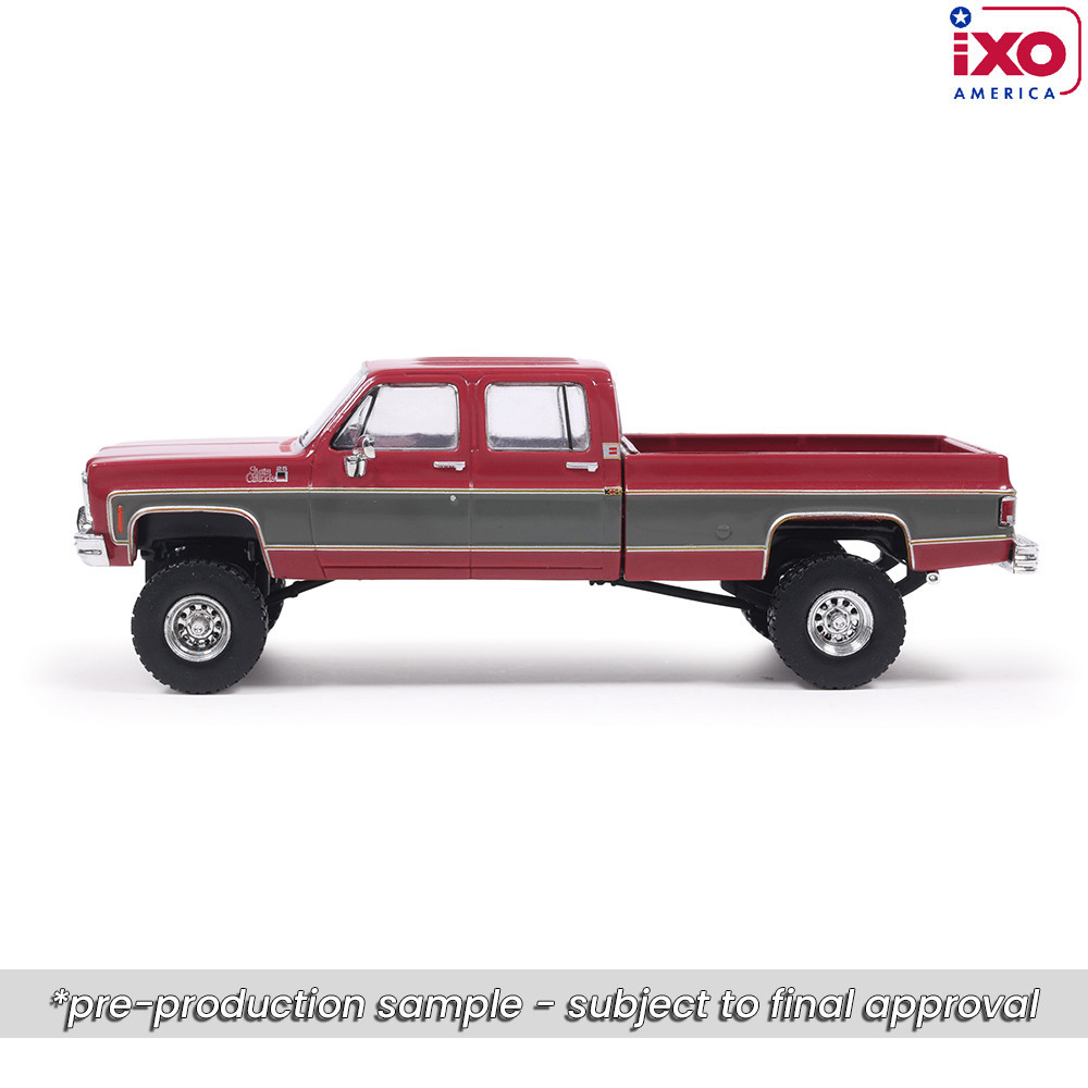 Pre-Order, deposit only - 1:64 1977 GMC Sierra Grande K2500 Crew Cab Wideside - Dark Red Metallic and Silver Special Two-Tone - Lifted