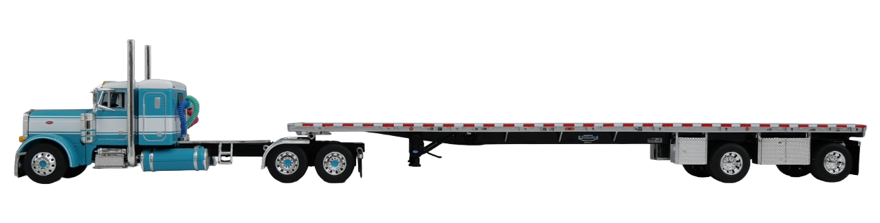 60-2206 - DCP - Turquoise & White Peterbilt Model 379 with 36" Flat Top Sleeper & 53' Wilson Roadbrute Flatbed Trailer