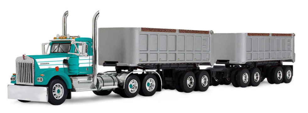Pre-order, deposit only -60-2291: Turquoise/White Kenworth® W900A Day Cab & 22’ Dual End Dump Trailers