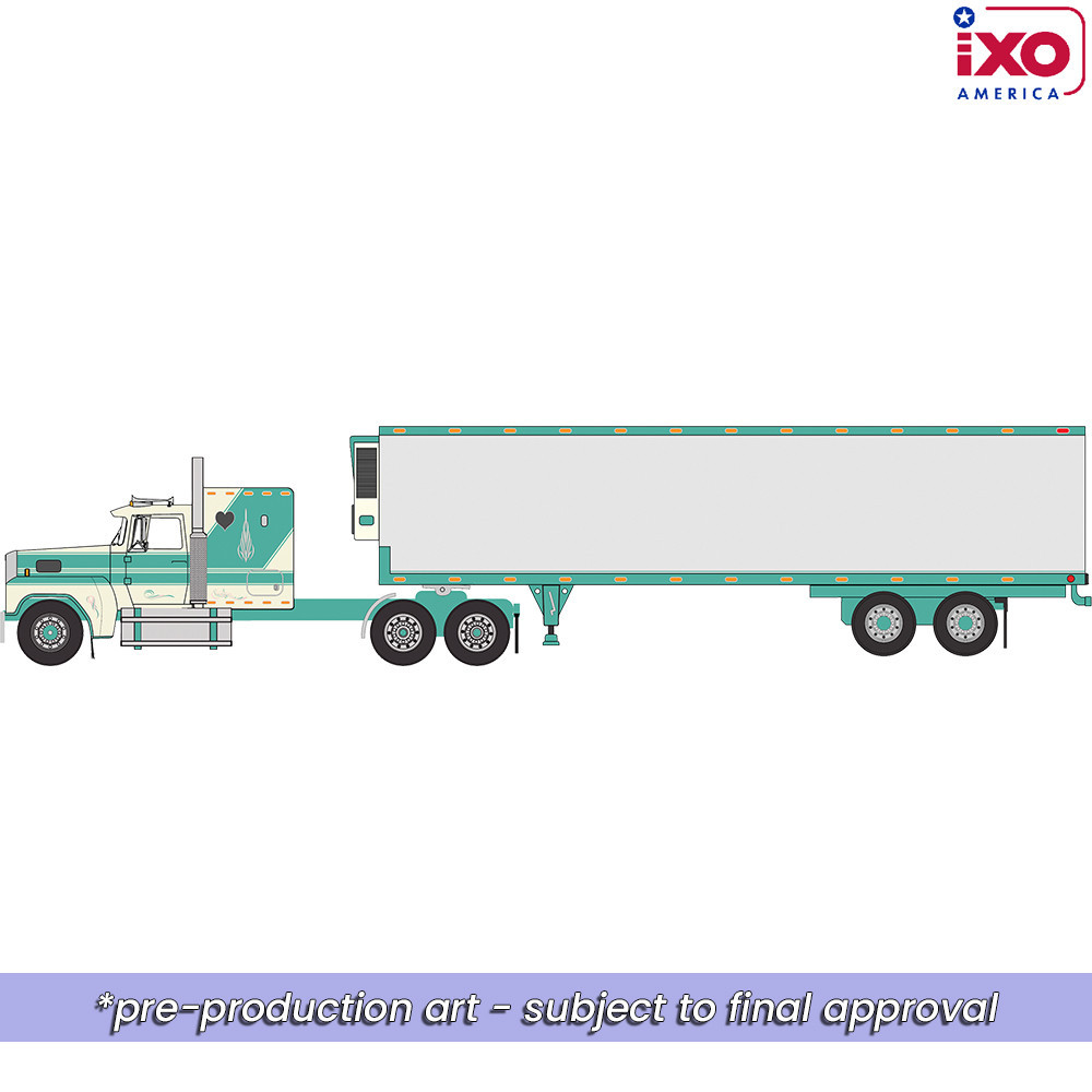 Pre-order, deposit only - ixo - 1978 Ford LTL-9000 - Caribbean Turquoise and Wimbledon White with vintage trailer