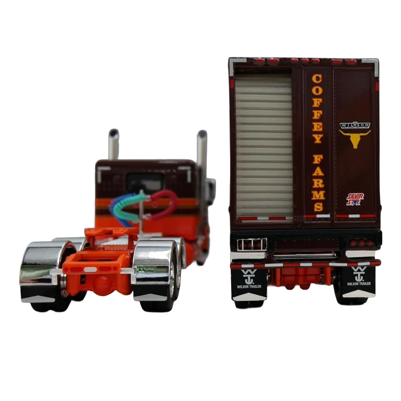 Pre-order, deposit only - 60-2221 - Coffey Farms 1:64th scale Peterbilt 589 63" Flat Top Sleeper Tractor w Wilson Silverstar Livestock Spread Axle Trailer.