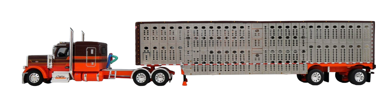 Pre-order, deposit only - 60-2221 - Coffey Farms 1:64th scale Peterbilt 589 63" Flat Top Sleeper Tractor w Wilson Silverstar Livestock Spread Axle Trailer.
