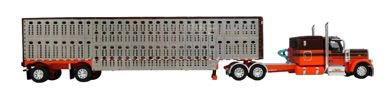 Pre-order, deposit only - 60-2221 - Coffey Farms 1:64th scale Peterbilt 589 63" Flat Top Sleeper Tractor w Wilson Silverstar Livestock Spread Axle Trailer.