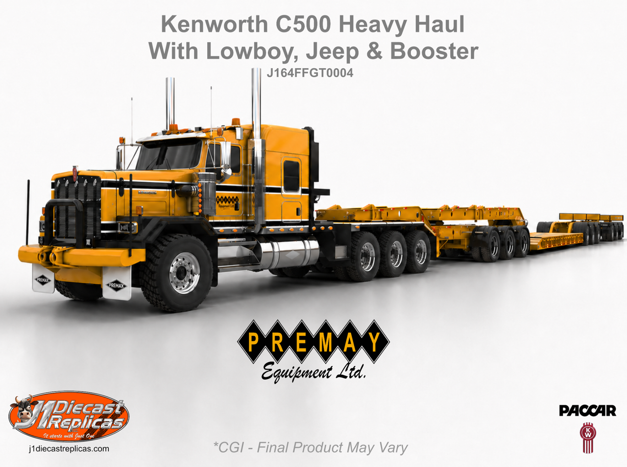 Pre-order, deposit only - Premay - Kenworth C500 Tri-Drive and Three-Axle Heavy-Haul Lowboy with Interchangeable Decks, 3-Axle Jeep &amp; 3-Axle Booster