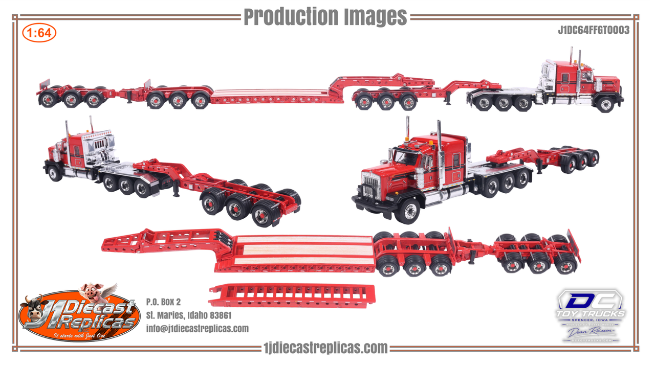 Pre-order, deposit only - Red & Black - Kenworth C500 Tri-Drive and Three-Axle Heavy-Haul Lowboy with Interchangeable Decks, 3-Axle Jeep &amp; 3-Axle Booster