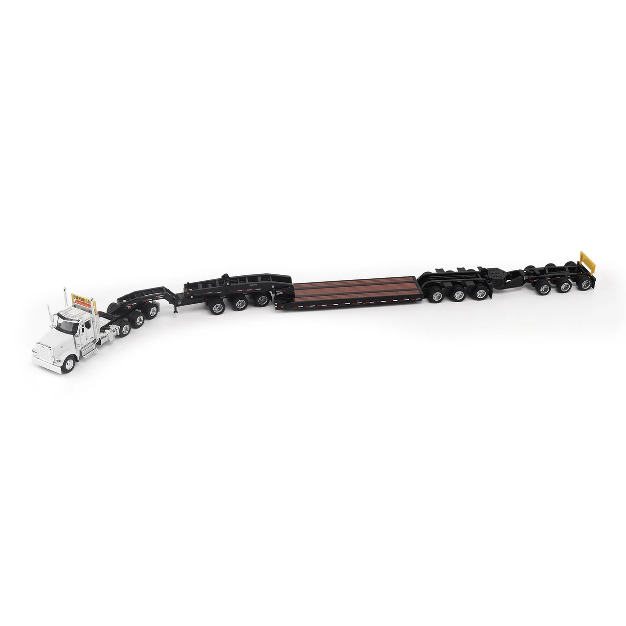 Pre-Order, Deposit Only - 1:64 Peterbilt Model 589 131-inches-BBC Day-Cab Tridem-Axle Truck Tractor (WHITE color) + 1:64 Trail King TK170 Hydraulic Detachable Gooseneck Lowboy Trailer with Jeep & Booster