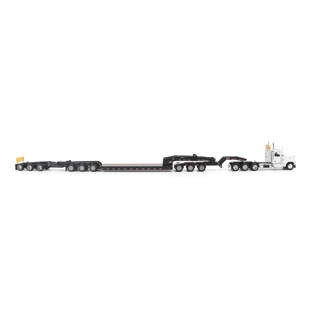 Pre-Order, Deposit Only - 1:64 Peterbilt Model 589 131-inches-BBC Day-Cab Tridem-Axle Truck Tractor (WHITE color) + 1:64 Trail King TK170 Hydraulic Detachable Gooseneck Lowboy Trailer with Jeep & Booster