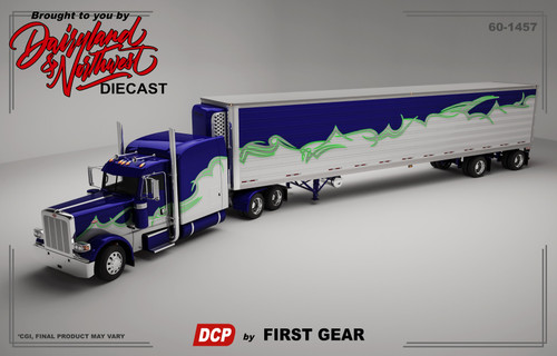 Blue, gray, white & lime Peterbilt 389 with 53' Spread-axle refrigerated van