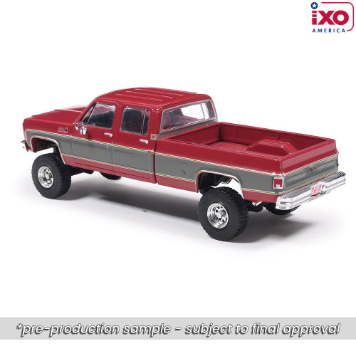 Pre-Order, deposit only - 1:64 1977 GMC Sierra Grande K2500 Crew Cab Wideside - Dark Red Metallic and Silver Special Two-Tone - Lifted