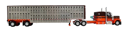 Pre-order, deposit only - 60-2221 - Coffey Farms 1:64th scale Peterbilt 589 63" Flat Top Sleeper Tractor w Wilson Silverstar Livestock Spread Axle Trailer.