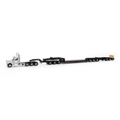 Pre-Order, Deposit Only - 1:64 Peterbilt Model 589 131-inches-BBC Day-Cab Tridem-Axle Truck Tractor (WHITE color) + 1:64 Trail King TK170 Hydraulic Detachable Gooseneck Lowboy Trailer with Jeep & Booster