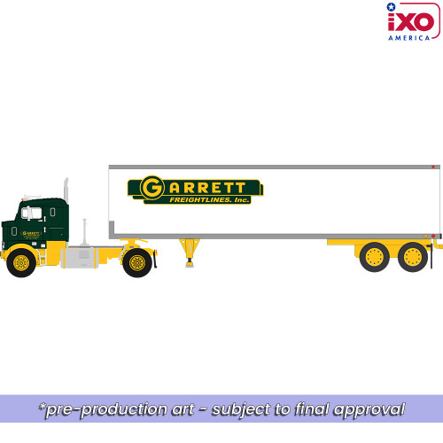 Pre-order, depost only - ixo - 1:64 1950 Kenworth Bullnose Garrett Freightlines with vintage trailer - Yellow and Green