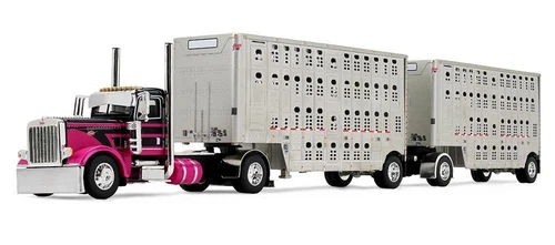 Pre-order, deposit only - 60-2342:  Black & Pink Peterbilt 389 with Wilson 28' Pup Cattle Trailers