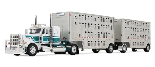 Pre-order, deposit only - 60-2343:  White & Teal Peterbilt 389 with Wilson 28' Pup Cattle Trailers