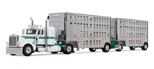 Pre-order, deposit only - 60-2433:  White & Green Peterbilt 389 with Wilson 28' Pup Cattle Trailers