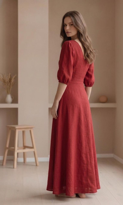 Linen Puff Sleeve Maxi Dress with Pockets