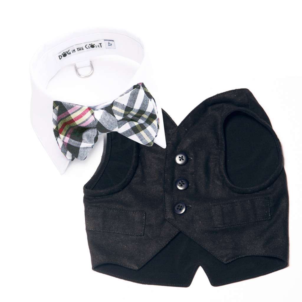 White Shirt Dog Collar with Black & White Madras Plaid Bow Tie