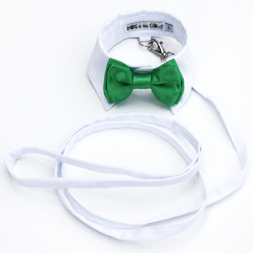 White Shirt Dog Collar with Kelly Green Bow Tie