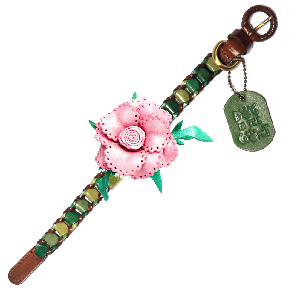 Shades of Green Leather Dog Collar with Light Pink Flower Attachment