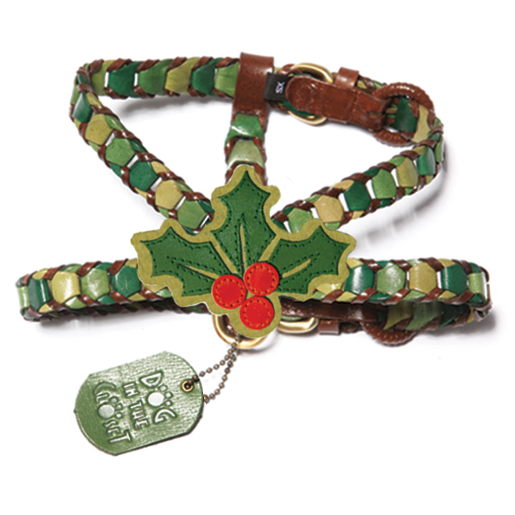 Shades of Green Leather Dog Harness with Holly Attachment