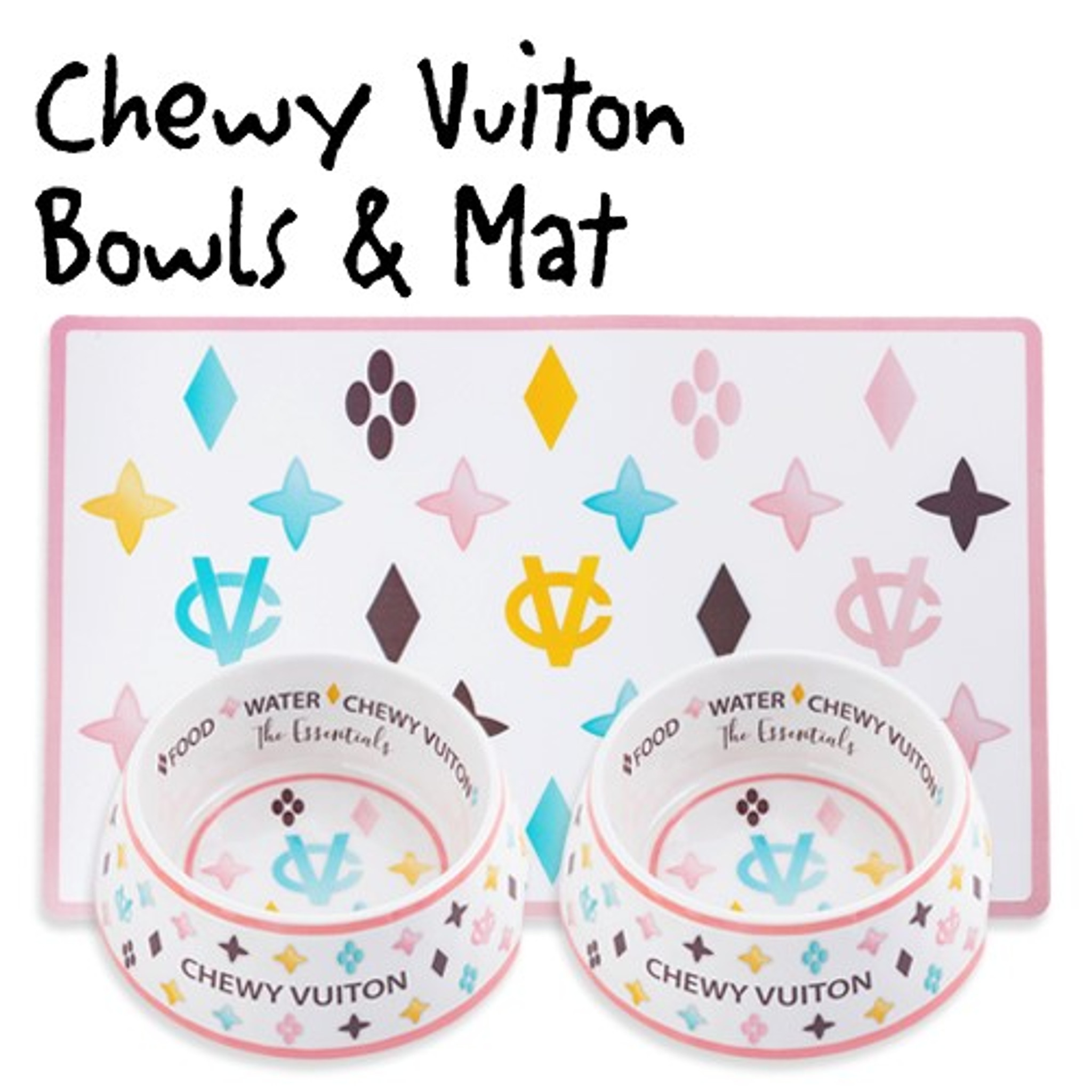 White Chewy Vuiton Bowls & Mat Bundle - D.O.G Pet Boutique