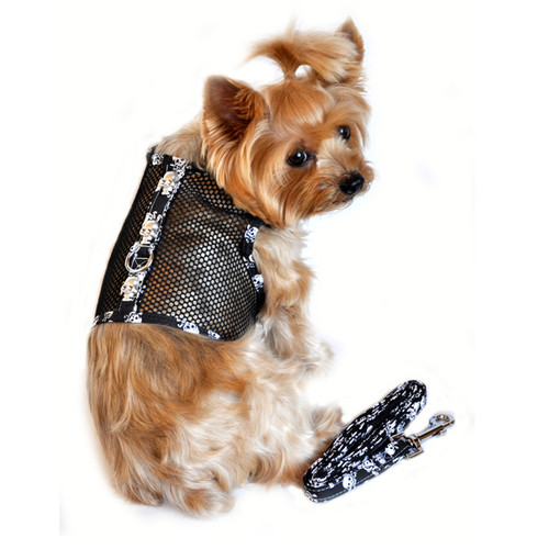 Skull Cool Mesh Dog Harness and Leash - Black and White