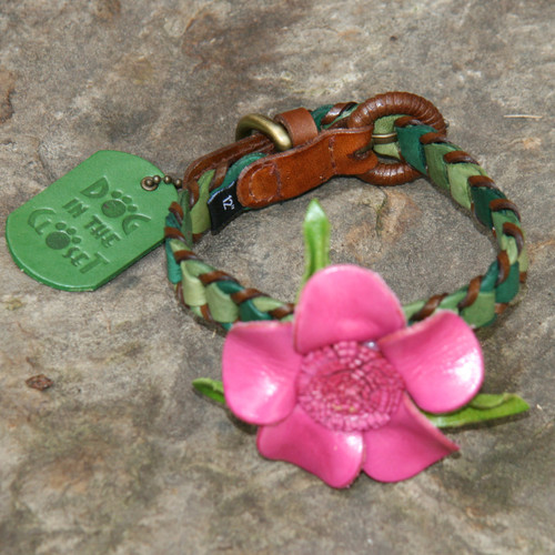 Shades of Green Leather Dog Collar with Hot Pink Flower Attachment
