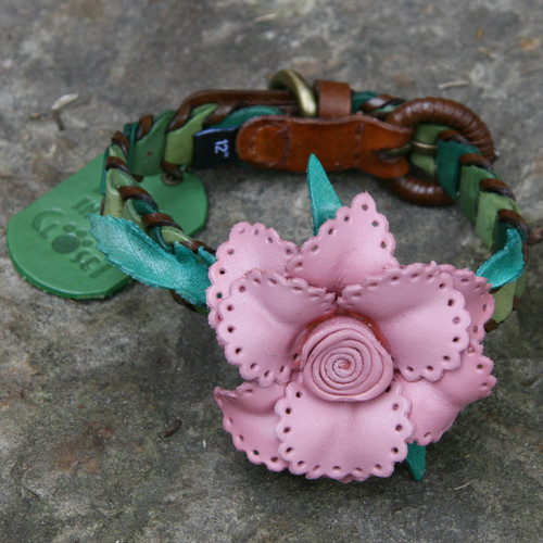 Shades of Green Leather Dog Collar with Light Pink Flower Attachment