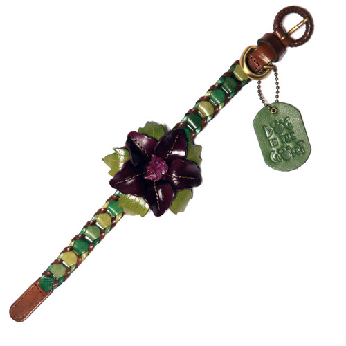Shades of Green Leather Dog Collar with Purple Flower Attachment