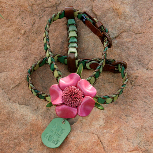 Shades of Green Leather Dog Harness with Hot Pink Flower Attachment