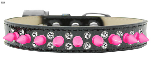  Double Crystal and Bright Pink Spikes Dog Collar Silver Ice Cream