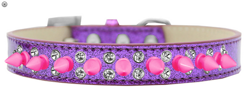  Double Crystal and Bright Pink Spikes Dog Collar Silver Ice Cream