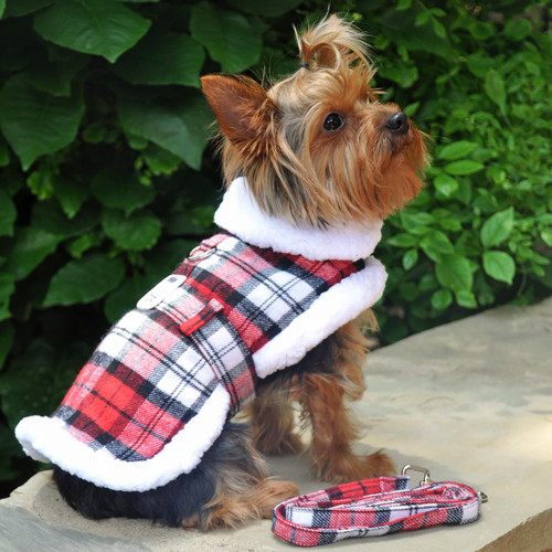 Designer Red and White Plaid Harness Coat and Matching Leash